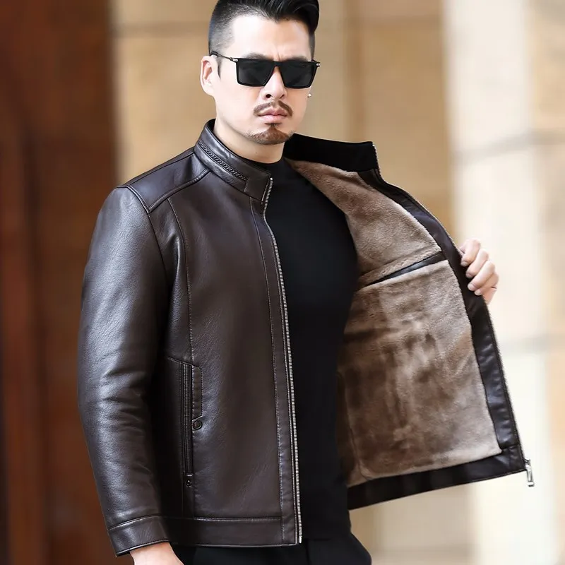 Genuine Leather Jacket Men Fur Integrated Jacket Winter Warm Sheepskin Coat Plush Thickened Standing Collar Leather Jacket Man