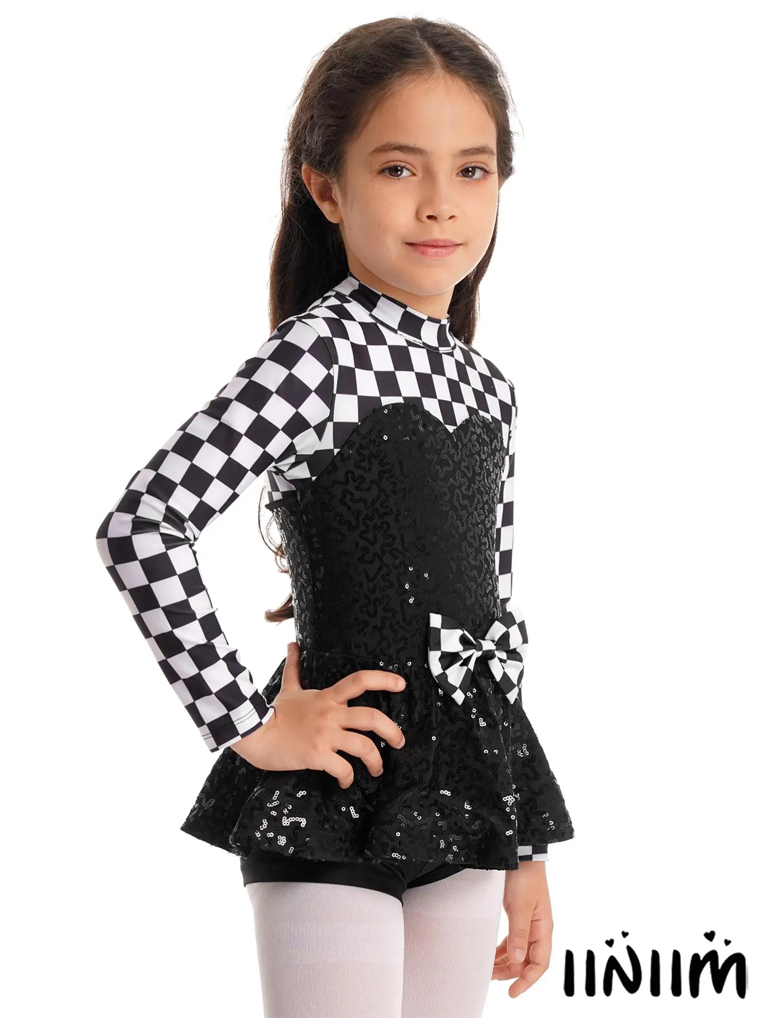 

Kids Girls Halloween Racer Costume Long Sleeve Sequin Checker Print Modern Jazz Latin Dance Leotard Dress for Stage Performance