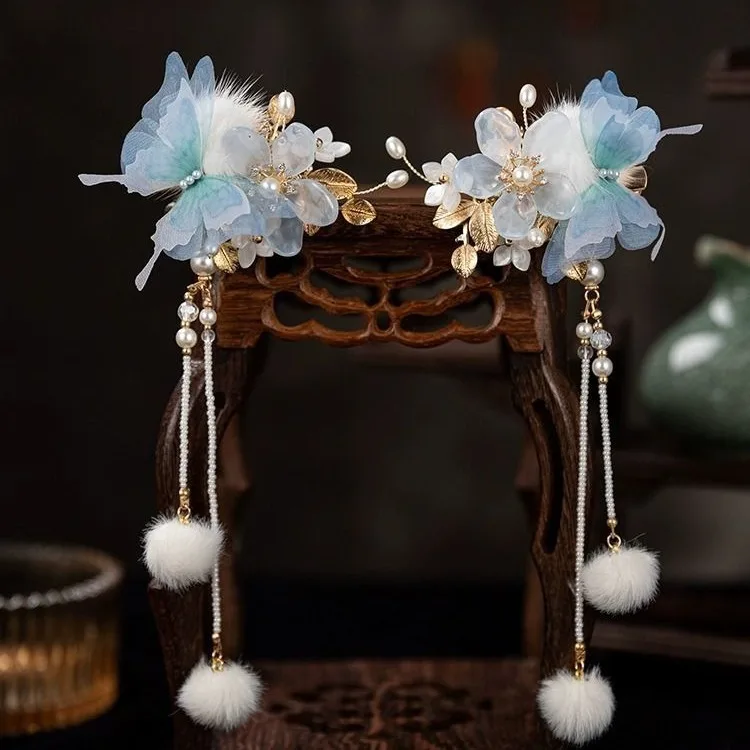 Elegant Chinese Hanfu Hair Accessories Set Snow Velvet Butterfly Fluffy Pom Pom Clips Comb Pins Retro Style Headwear For Women