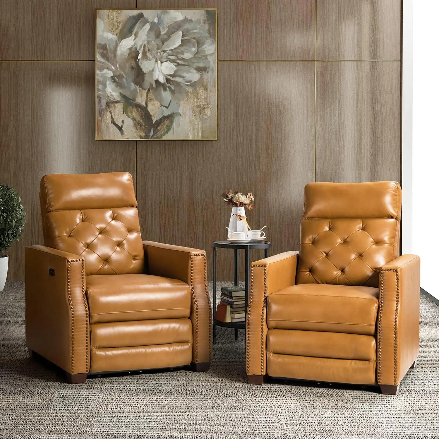 

Genuine Leather Power Recliners Set of 2 with USB Port Modern Tufted Electric Recliner Chairs with Nailhead Trim Home Theater