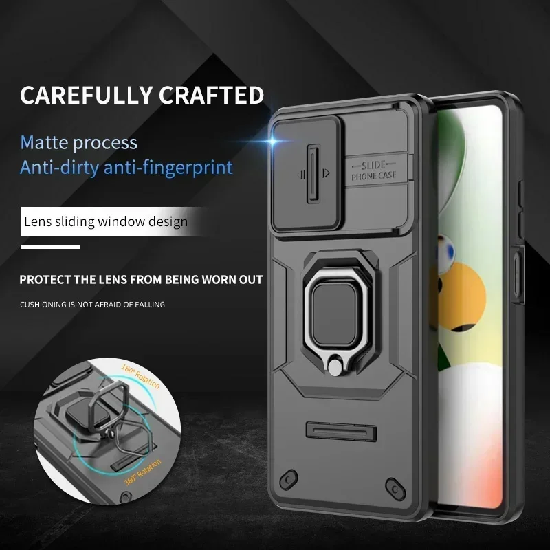 Dla Xiaomi Poco F6 5G 2024 Etui pierścieniowe Camera Slide 360 Protect Funda Dla Poco X6 M6 X5 F5 Pro X 6 Neo C65 F6 M 6 X 5 Back Cover