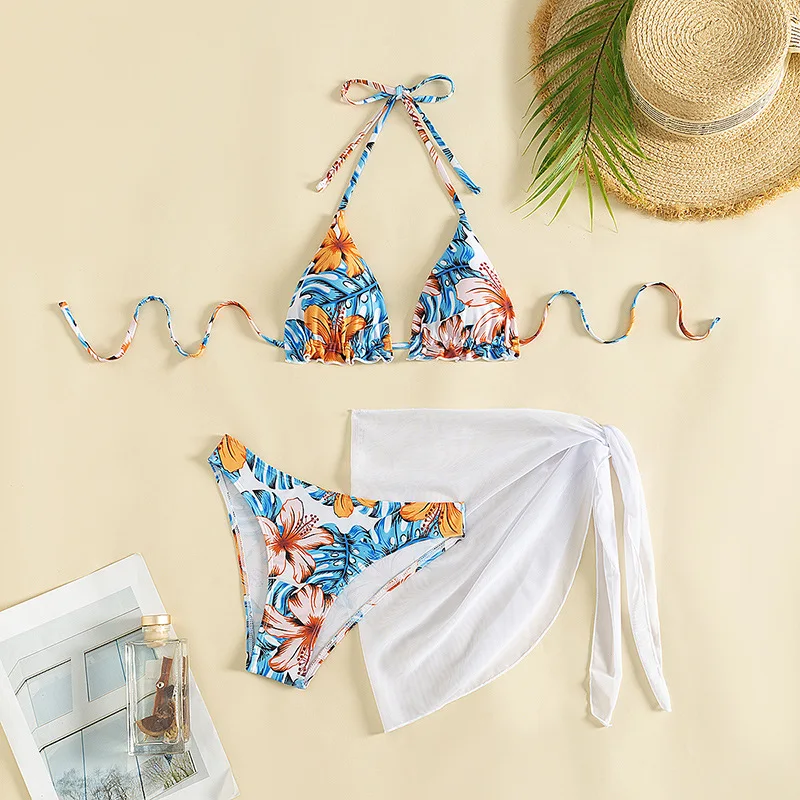 New Halter Neck Backless Bikini with Wrap Skirt Summer Beach Three-Piece Swimsuit for Women Wholesale