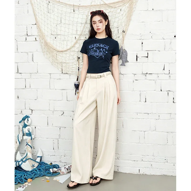 ELFSACK Linen Blend Wide Leg Pants High Waist Loose Trousers with Braided Belt Casual Summer Bottoms for Women