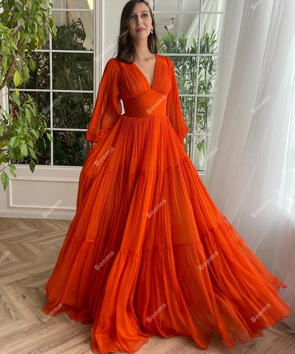 Booma Orange Chiffon A-Line Long Prom Dresses Deep V Neck Long Sleeves Evening Party Gowns for Women Elegant Formal Dresses