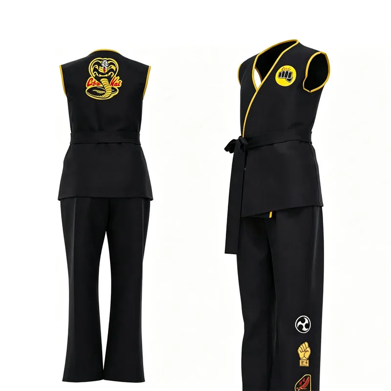 Costume de cosplay Karate Kids KOF Cobra Kai, uniforme kimono noir, bandeau, costume de fête d'Halloween, survêtement anime