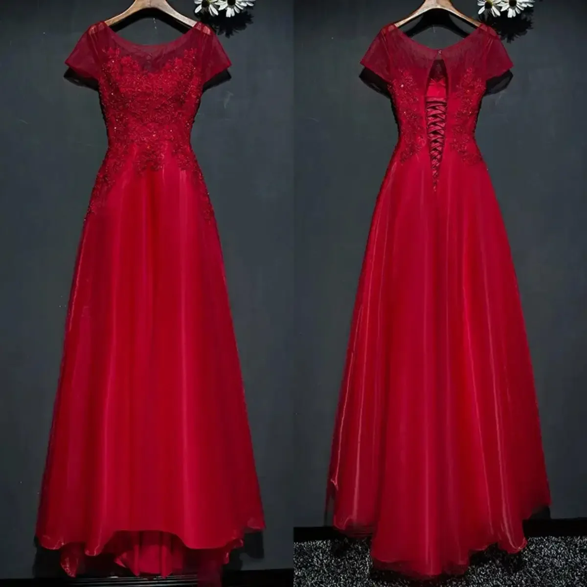 

Evening Dress Burgundy Tulle Appliques illusion O-neck Short Sleeves Lace up A-line Trailing Plus size Women Party Formal Gown