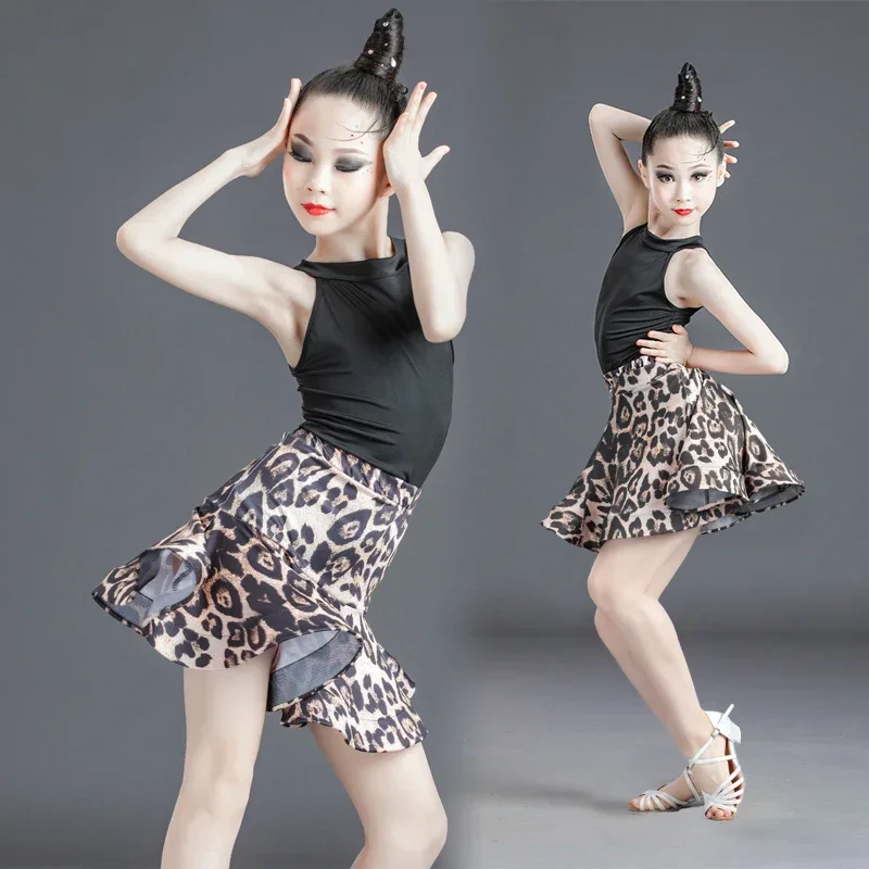 

Leopard Print Girls Latin Dance Fringe Dress Long/short sleeve Kids Ballroom Competition Stage Performance Tops+skirt set