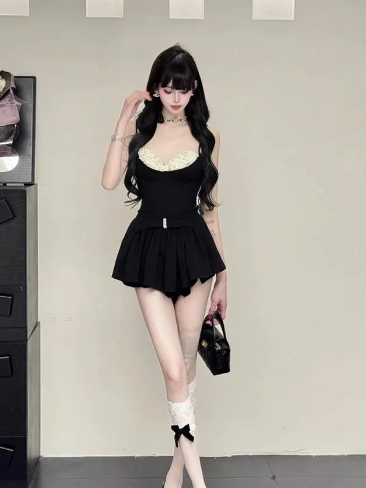 Gonna ort a vita alta con giunture in pizzo, cinturino color sangue, set sexy estivo da donna Bla V-Ne Svel Faion Ensemble