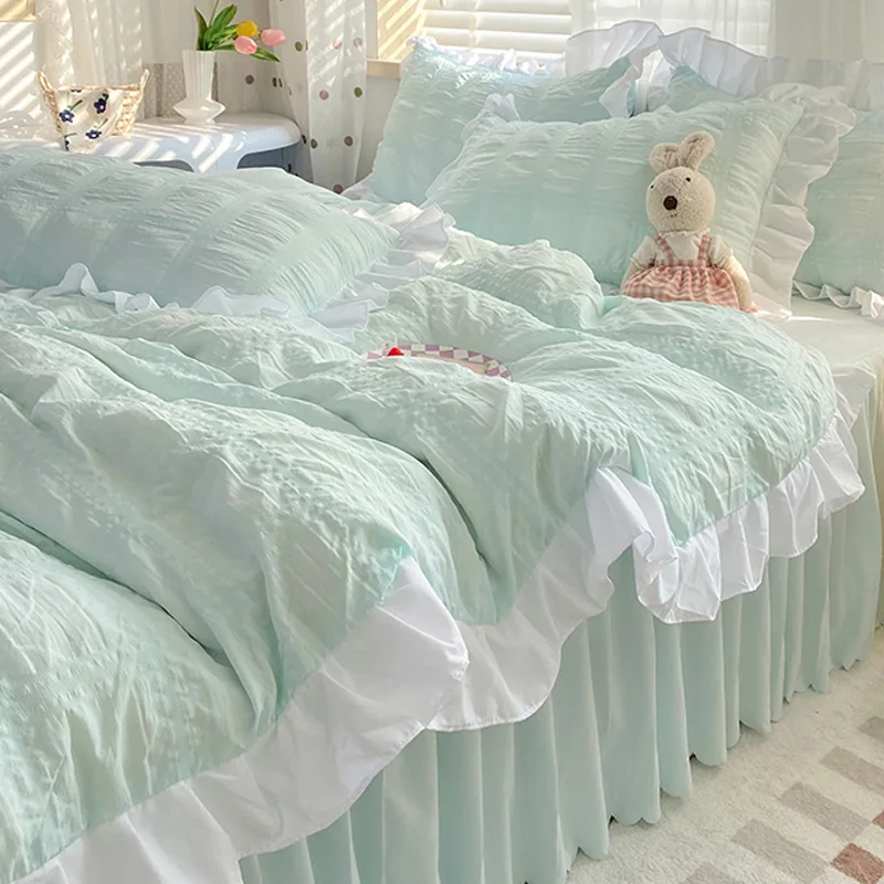 Korean Princess Seersucker Conjuntos de Cama para Meninas, Kawaii Ruffle Lace Saia de Cama, Capa de Edredão, Cor Sólida, Queen Size, Double Sheets Sets