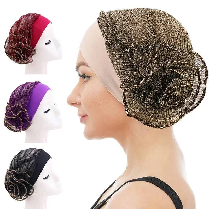 New Women Shimmer Flower Stretch Turban Headscarf Beanie Hat Wedding Party Headwear Turbante Mujer Bandanas Chemo Cap Head Cover