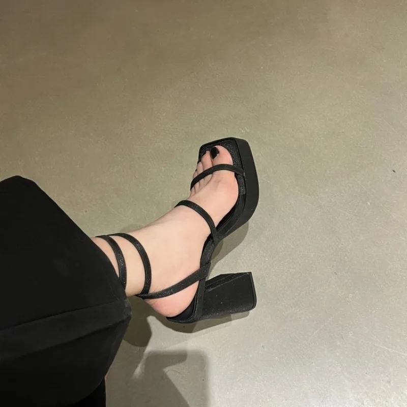 Summer High Heel Open Toe Sandals Women Waterproof Platform Frmale Shoes Cross Strap Roman Square Head Thick Bottom Sandales