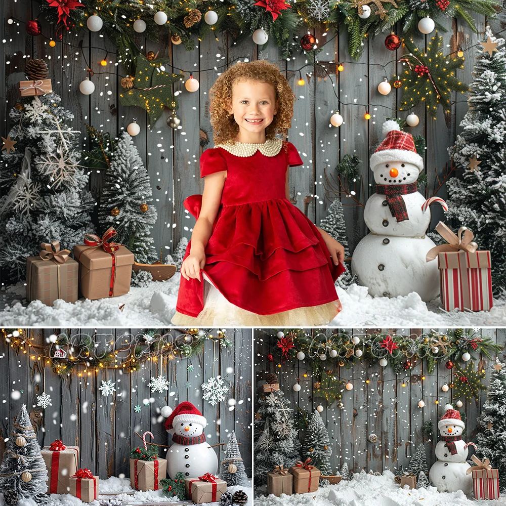 Christmas Photography Backdrop Grey Wooden Wall White Snowflakes Candy Cane Snowman Decor Background Photo Studio photoshoot