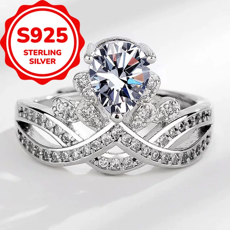 925 sterling silver light luxury elegant water drop pear-shaped crown synthetic zircon open adjustable ring daily versatile ring