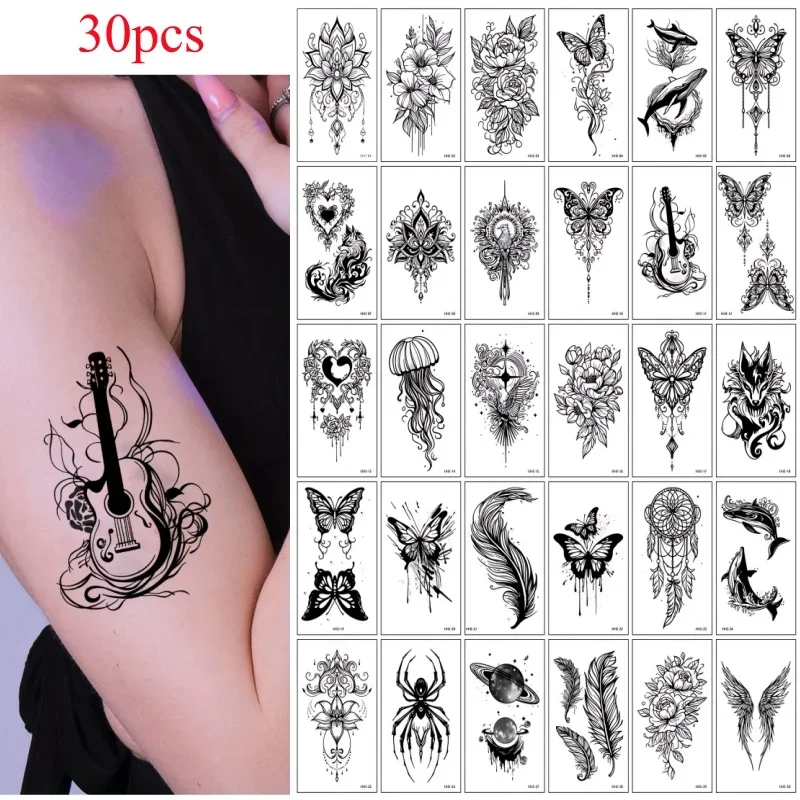 30pcs/set Tattoo Adhesive Black Line Painting Wolf Flower Butterfly Heart Wing Spider Fake Waterproof Tattoo Stickers for Women