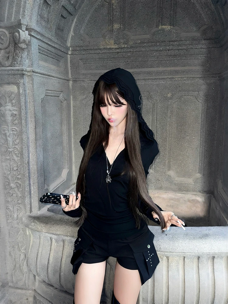 

Gothic Corridor Bla Print Knitted T-irt Lace Waist Long Sve Hooded Top Women's Summer Faion Casual Cotton Blend