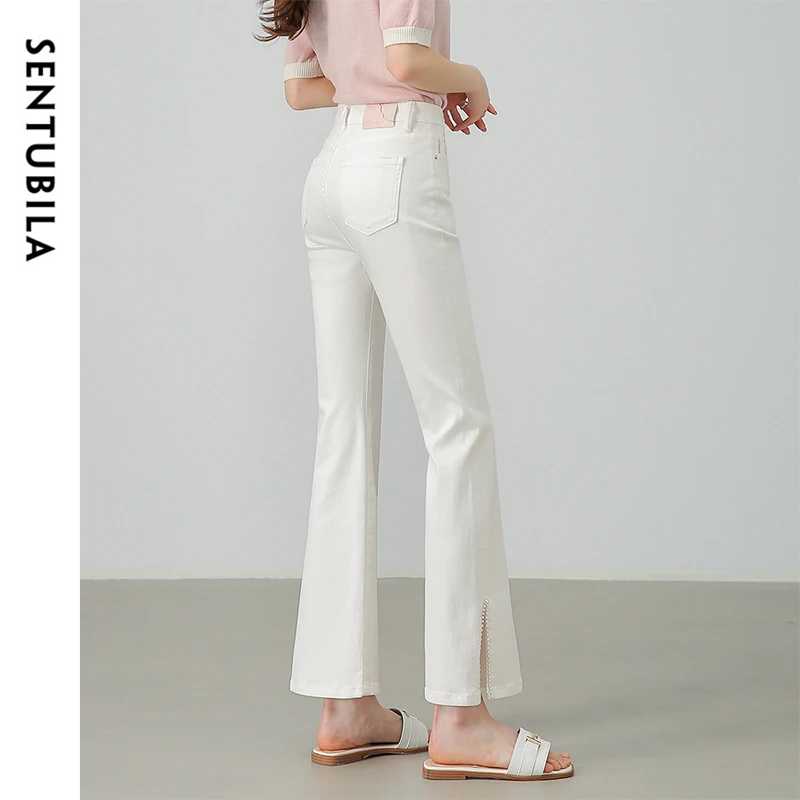 SENTUBILA Cotton Slim Fit Flare Jeans Pants for Women 2024 Autumn Fashion Slit-hem Ankle Length Pants Elegant Trouser W43N57614X