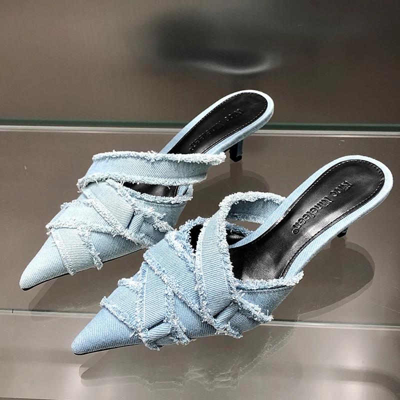 Zapatos de tacón medio para mujer, zapatos elegantes de mezclilla de diseñador a la moda, con punta puntiaguda, Mules deslizantes, 2023