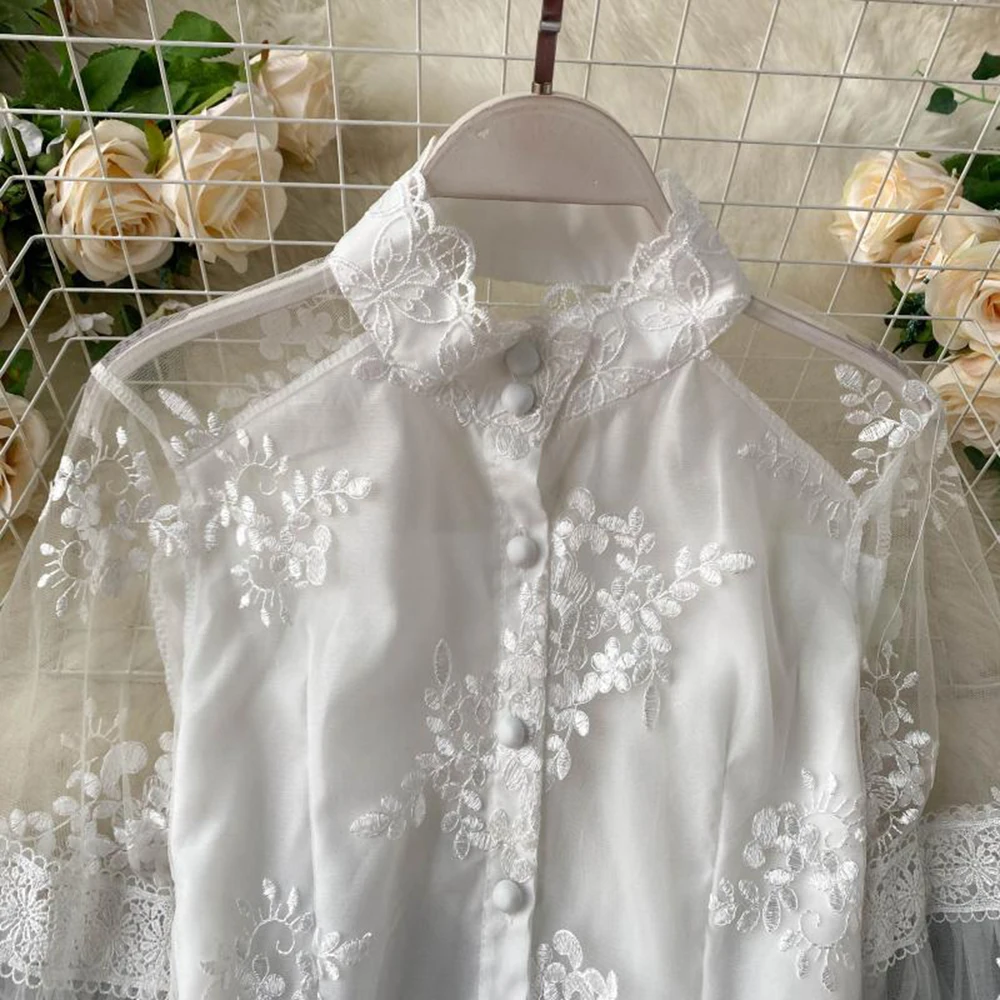 Womens Tops And Blouses Solid Lace White Shirt For Women Casual Long Sleeve O Neck Embroidery Elegant 2024 Spring Female Tunic