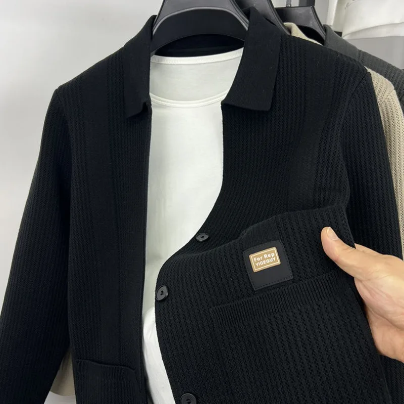 

Spring and Autumn Trendy Casual Versatile Clothes Knitted Men's Cardigan Solid Color Lapel Sweater New Jacket