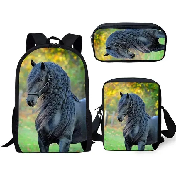 

3D Print Friesian School Backpacks, Laptop Backpack, Student Backpack, Tilt Shoulder Bag, Pencil Case, Harajuku, Popular, 3pcs