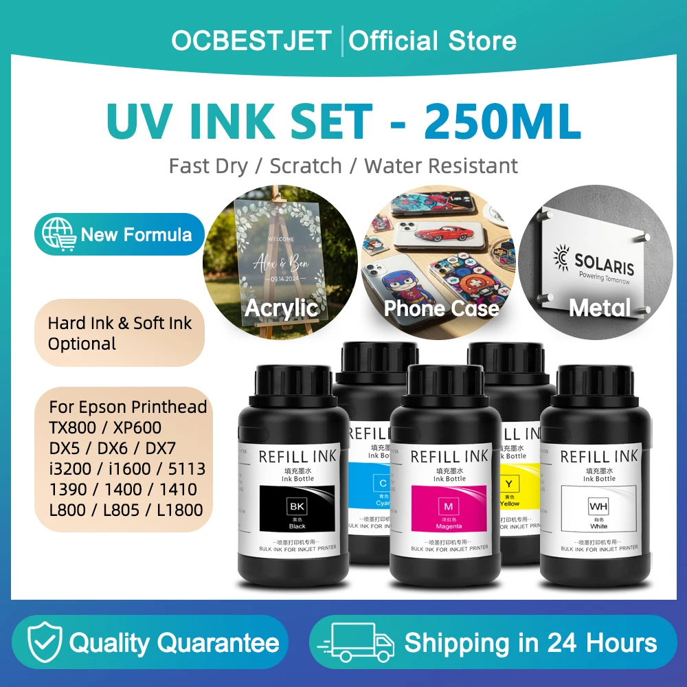 250ML*5 LED UV Curing Ink For Epson 1390 L800 1400 1410 1430 1500W R290 R330 L805 L1800 Printer UV Ink For All UV Printer