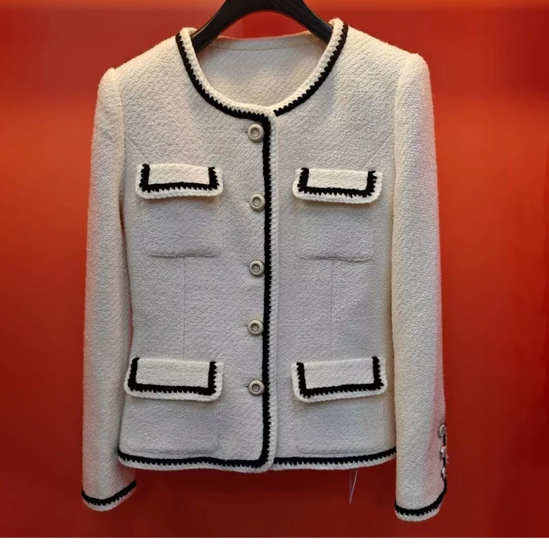 

Women`s French Tweed White Short Jacket Luxury Long Sleeve Four Pockets Contrast Colors Braided Suit Outerwear Elegant Evening