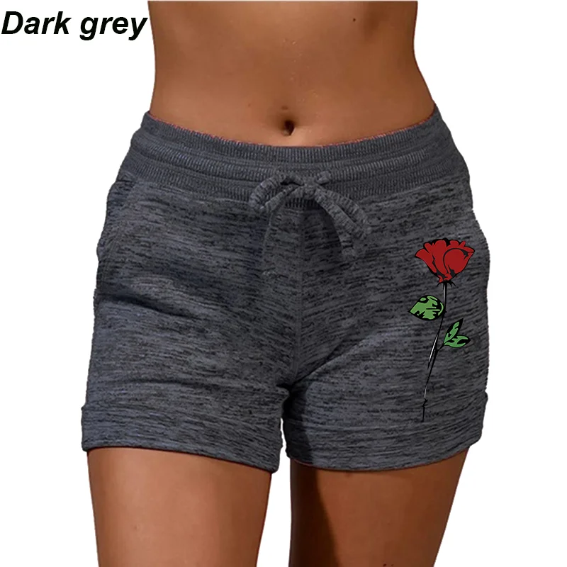 Trending Rose Printed Women Shorts Drawstring High Waist Sport Stretchy Shorts Plus Size Elastic Waist Yoga Running Shorts