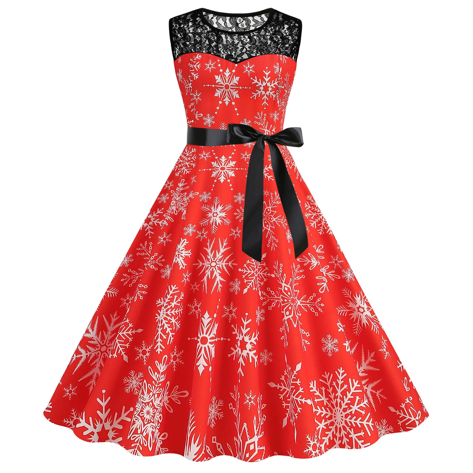 Vintage Christmas Dresses for Women Red Snow Lace Patchwork 50s Holiday Vestidos Sleeveless Big Swing Pinup A Line Party Dress