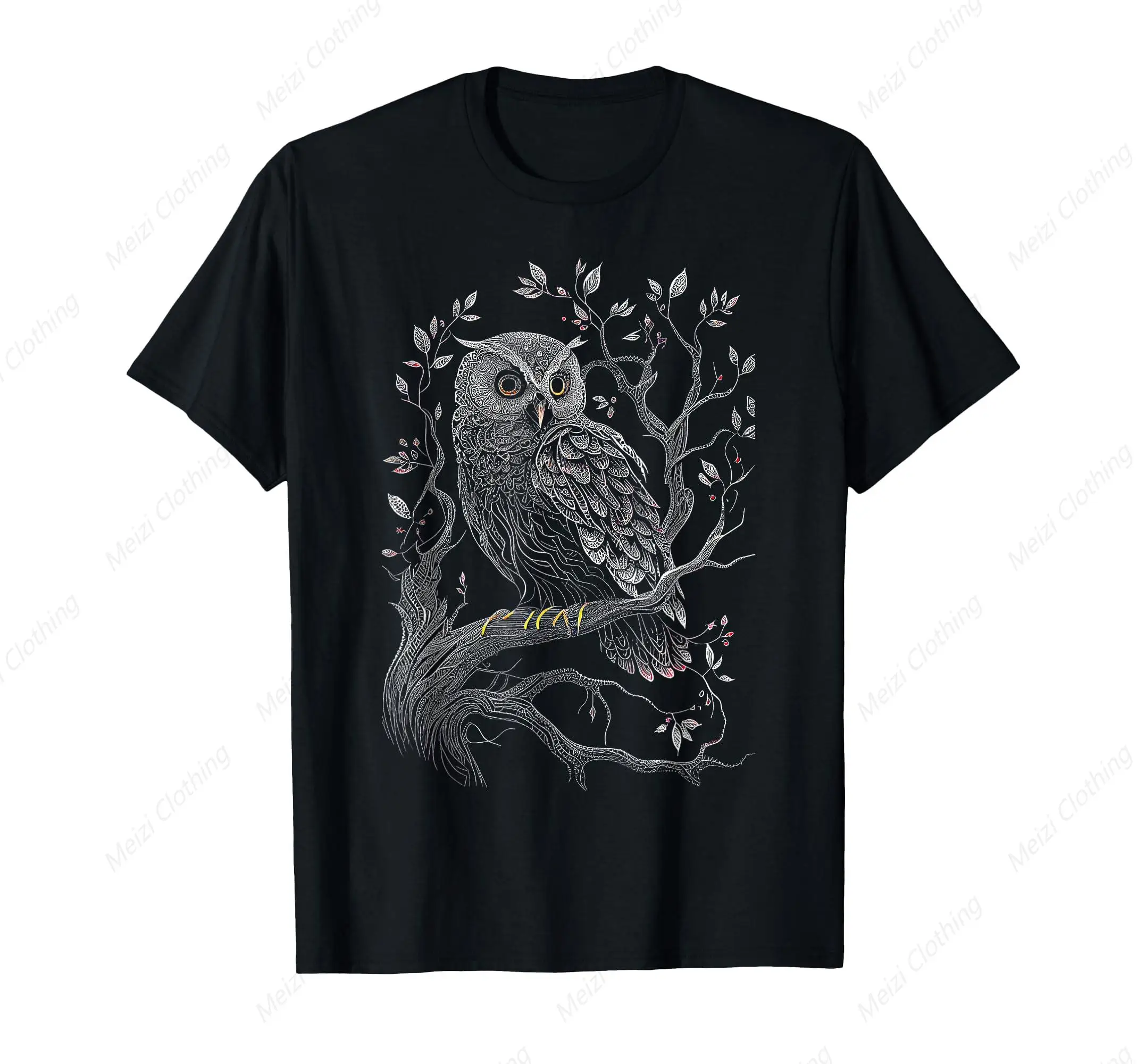 

Owl Bird Art Owl Pattern Animal Owl T-shirt Fashion Cool Black Pure Cotton Casual Short Sleeve