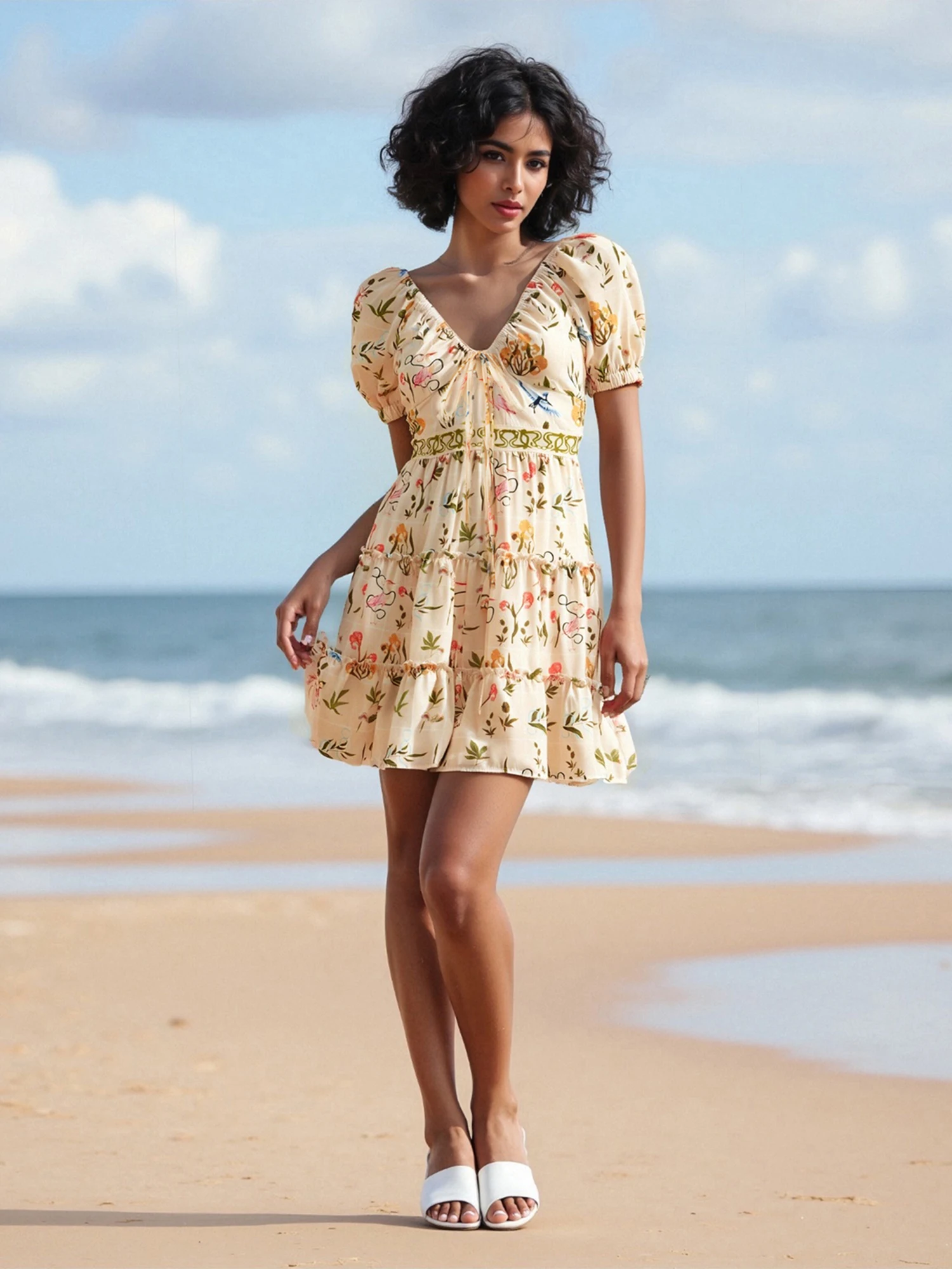 Women s Floral Print Mini Dress Puff Short Sleeve Elastic V Neck Tiered Hem Dress Spring Summer Short Dress