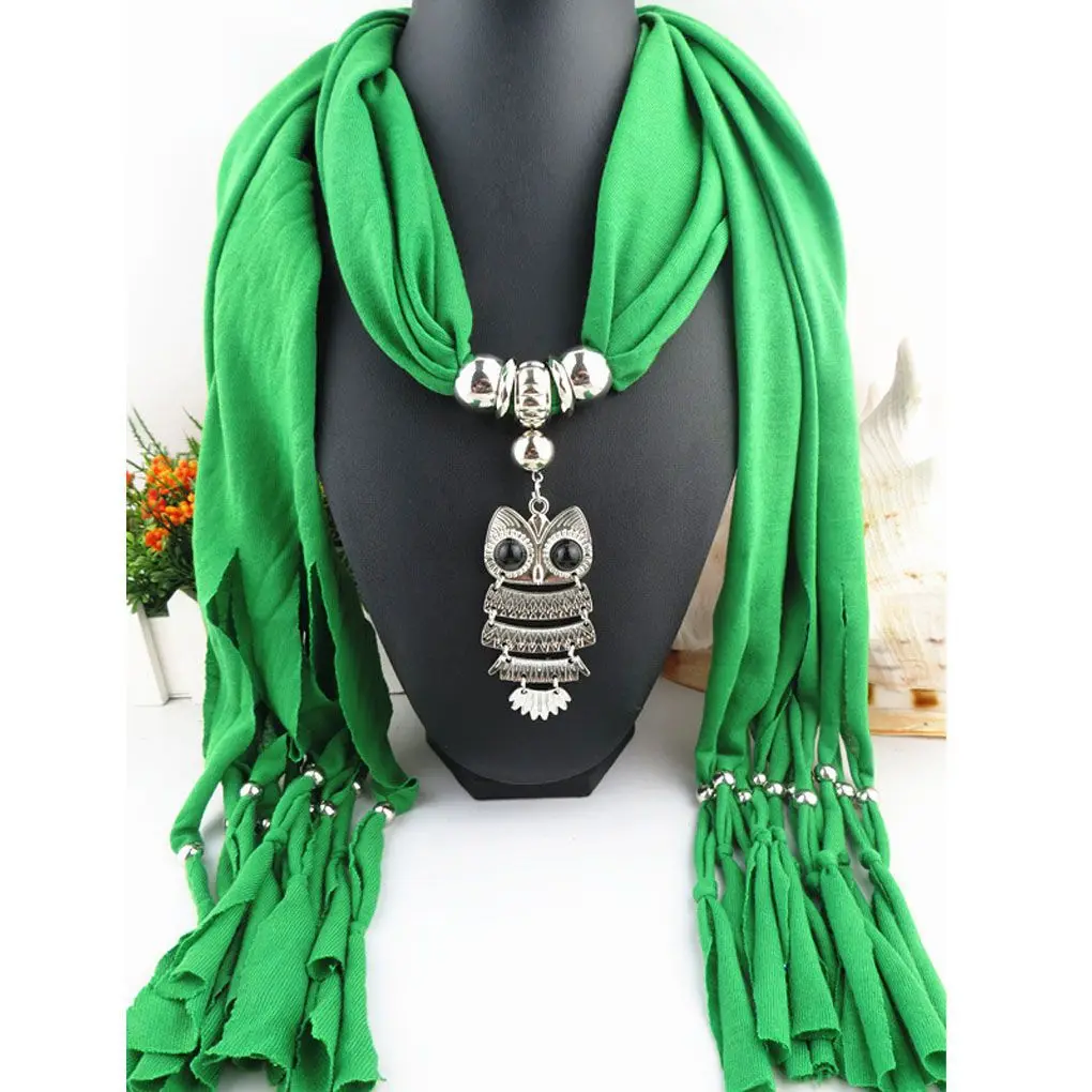 Woman\'s Classic Owl Pendant Jewelry Scarf Necklace Scarf Fringed Long Scarf