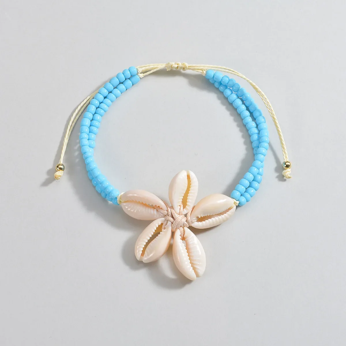 Vintage Natural Shell Woven Flower Anklet Blue Double Layer Beaded Anklet for Women Summer Beach Vacation Jewelry Gift