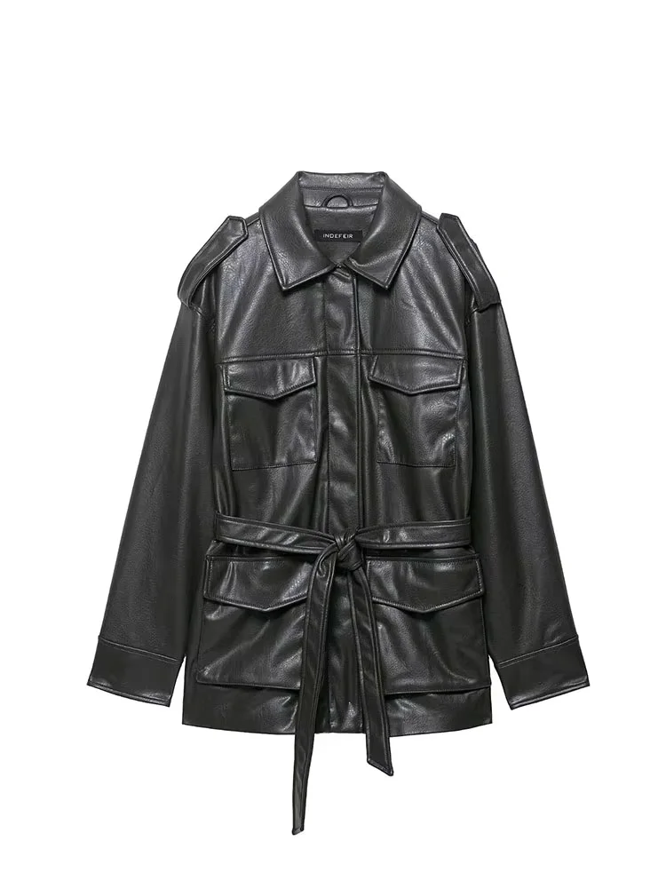 

HH Women Autumn High Street Coat Trendy Black Turn-Down Collar Lace-Up Decoration Zipper Female Fashion Long Sleeves Jacket