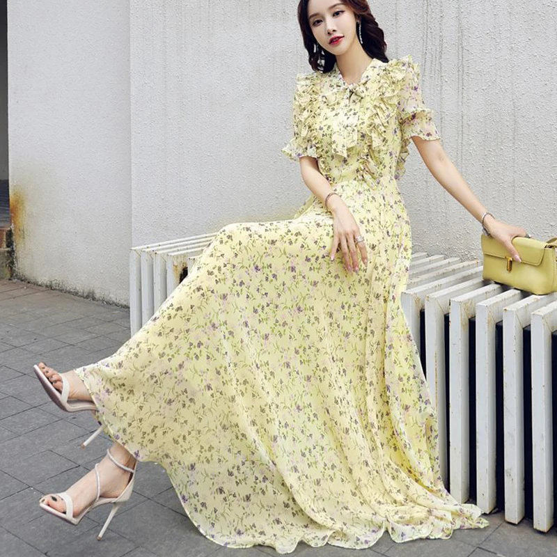 Yellow Floral Dresses For Women 2024 Korean Party Casual Beach Chiffon Formal Maxi Elegant Summer Slim Ruffles Evening Dress Y2K