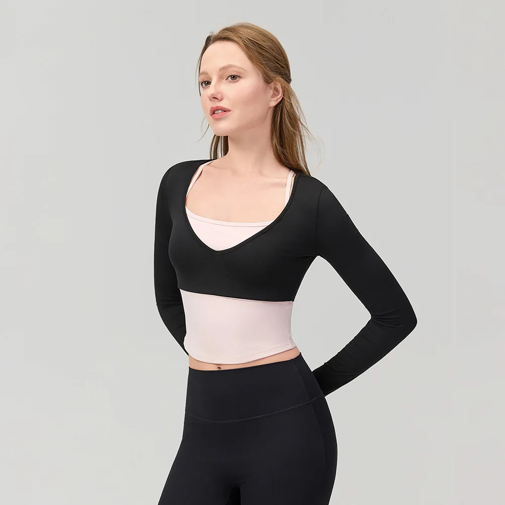 Color Blocking V-neck Long Sleeved Semi Fixed Cup Running Slim Fit Sports Bra Breathable Fitness Suit Top