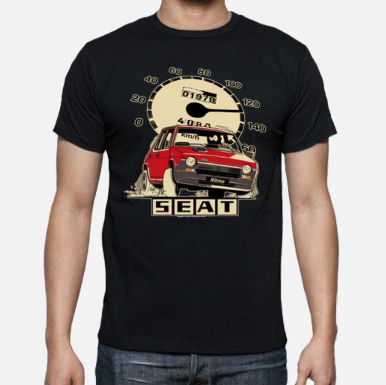 \Camiseta clásica vintage del coche de pasajeros de España S E A T Ritmo. Camiseta 100% algodón de manga corta con cuello redondo, Top informal para hombre