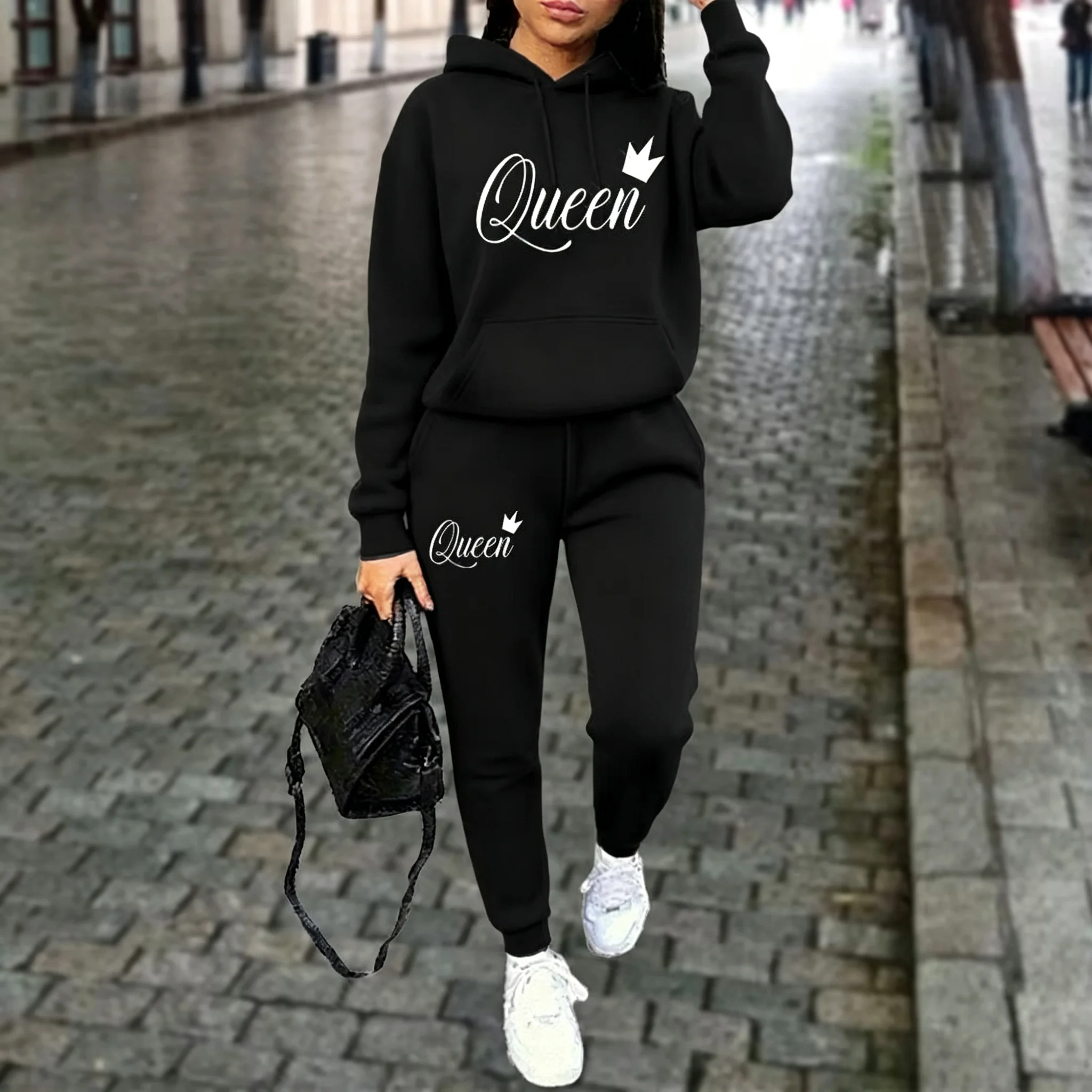 Queen Letter Graphic Print Women's Sets Hoodies Pants 2pcs Suit Autumn Winter Sports Jogging High Quality Aesthetic Tracksuit