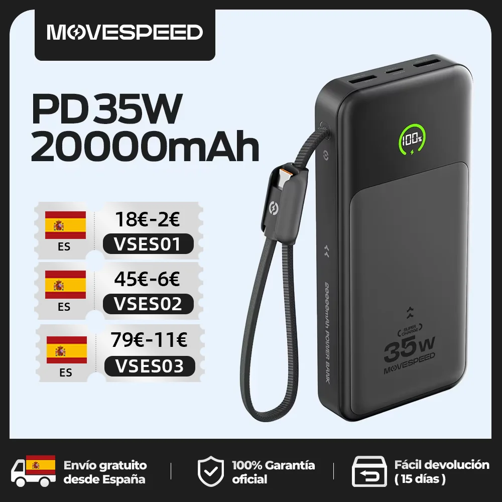 CCC MOVESPEED P20 Power Bank 20000mAh Cargador externo 35W PD Carga rápida Powerbank Batería LFP para iPhone Xiaomi Samsung