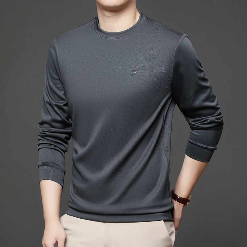 جديد خريف 2025 سترة رجالية برقبة دائرية تي شيرت في منتصف العمر فضفاض ورقيق وأكمام طويلة تي شيرت قاعدة علوية #6