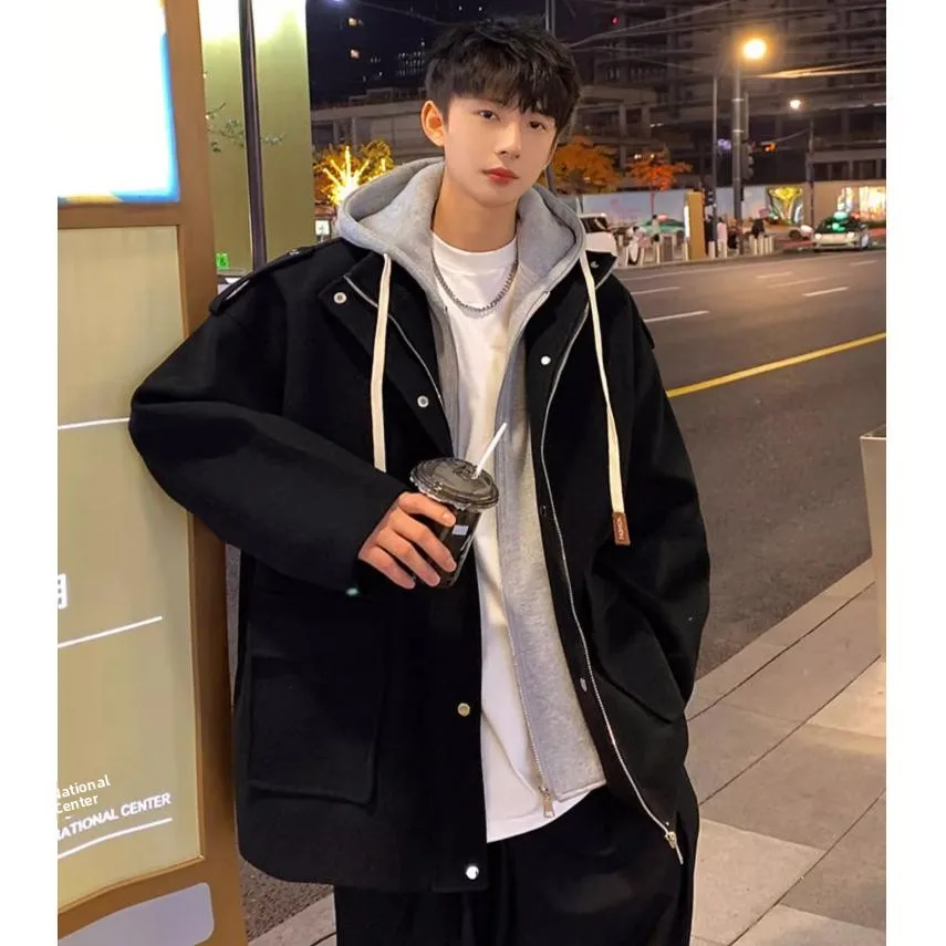 معطف صوفي دافئ بغطاء للرأس، طبقة مزدوجة من قماش البوليستر الداخلي، جاكيت شتوي للرجال، سميك بأكمام طويلة بلون واحد #2