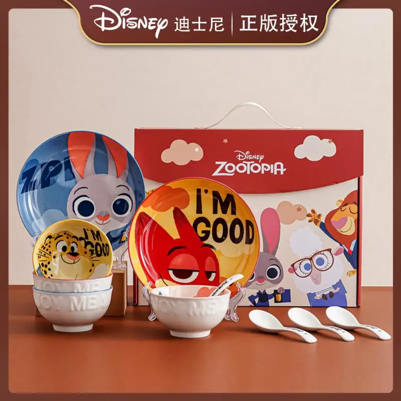 

Disney Zootopia Ceramic Dinnerware 4 Piece Set Cartoon Printed Bowl Plate Spoon Household Gift Boxed For Family Birthday Present