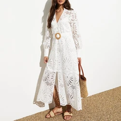 Spring Lace Embroidery Hook Flower Jacquard Dress Women V Neck Buttons Long Cardigan Dress Fall Belt Hollow Out Slit Party Dress