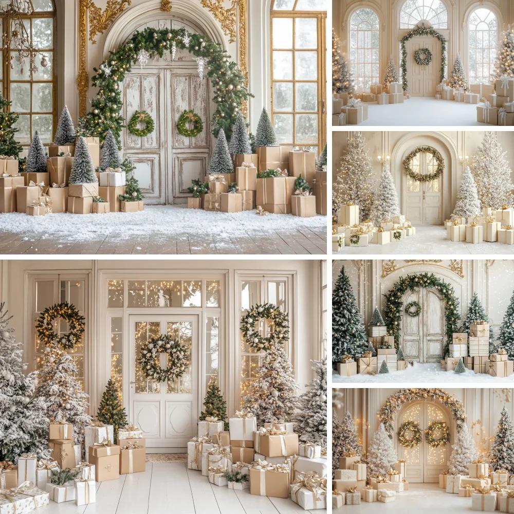 

White Gold Christmas Backgrounds for Photographs Wood Door Wreath Arch Gift Xmas Tree Kids Family Portrait Photography Backdrop