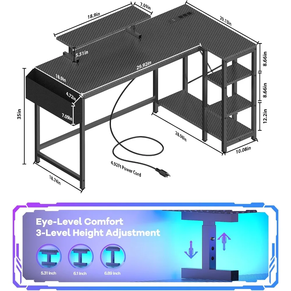 LED-Illuminated L-Shaped Gaming Desk with Adjustable Monitor Stand, Power Outlet, and Storage for 40-inch Reversible Computer De