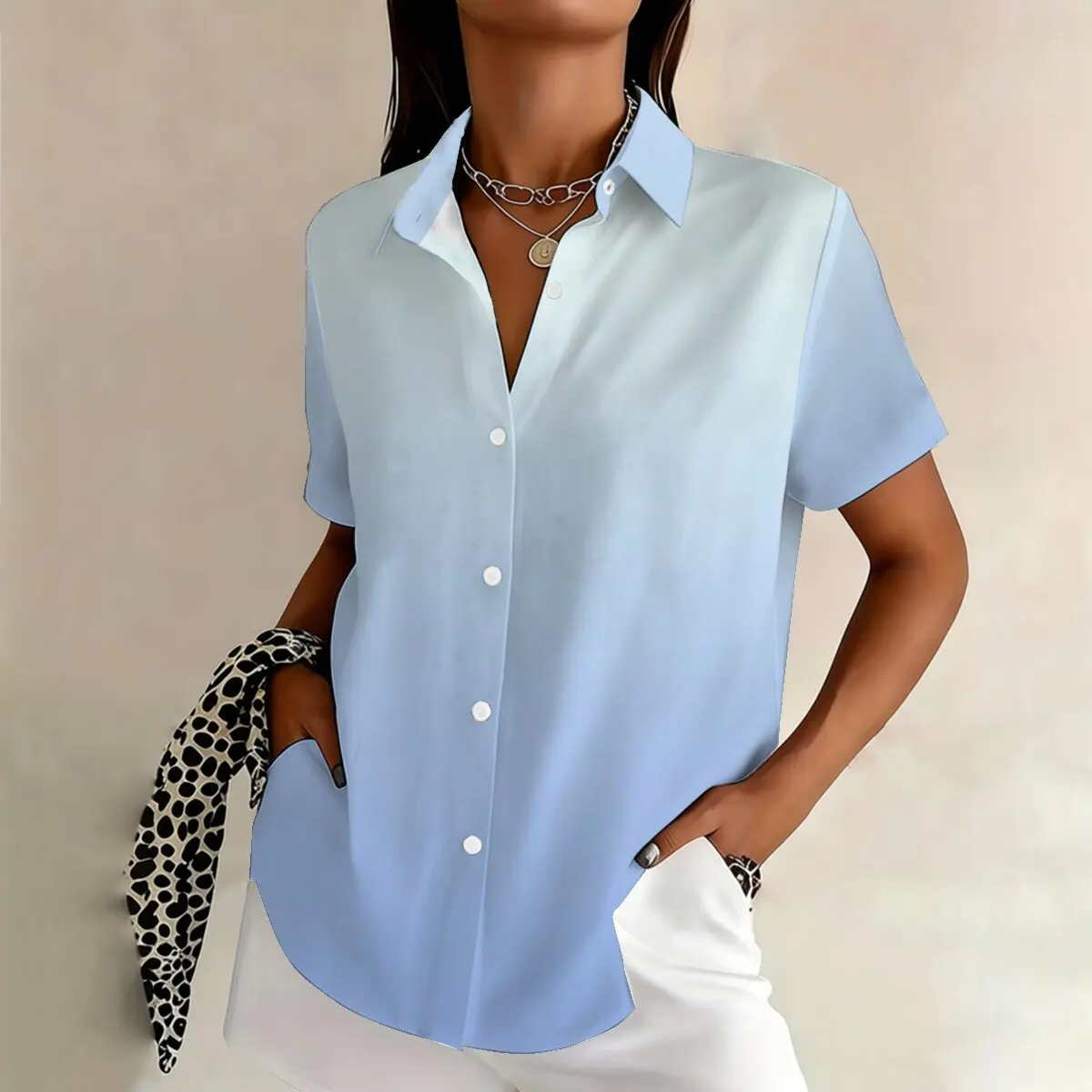 

Простая и стильная женская рубашка больших размеров с градиентным принтом и короткими рукавами, летняя модная универсальная модель на каждый день.