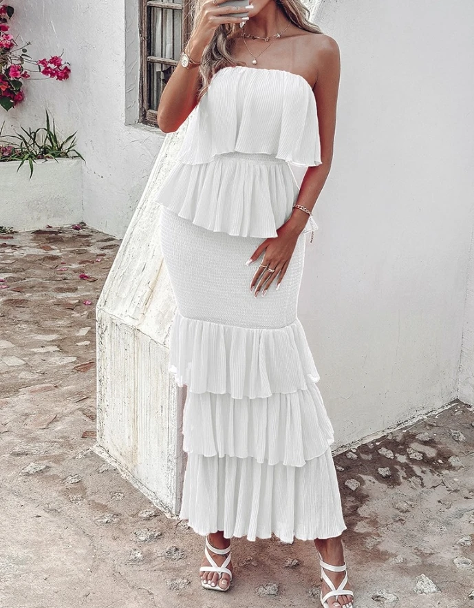 

Women's Dress 2024 Spring and Summer Bandeau Shirred Ruffle Hem Layered Dress White Sleeveless Long Dress Holiday Travel Dress