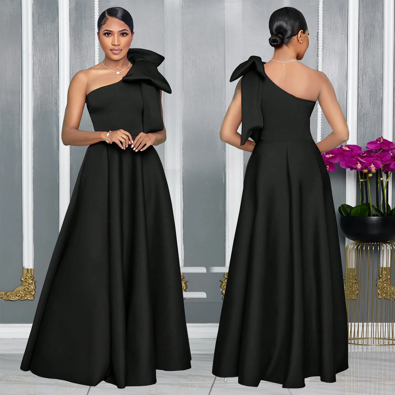 C3322 فساتين سهرة عصرية للنساء بكتف واحد وفيونكة كبيرة فستان ماكسي للسيدات فساتين أفريقية للنساء ملابس