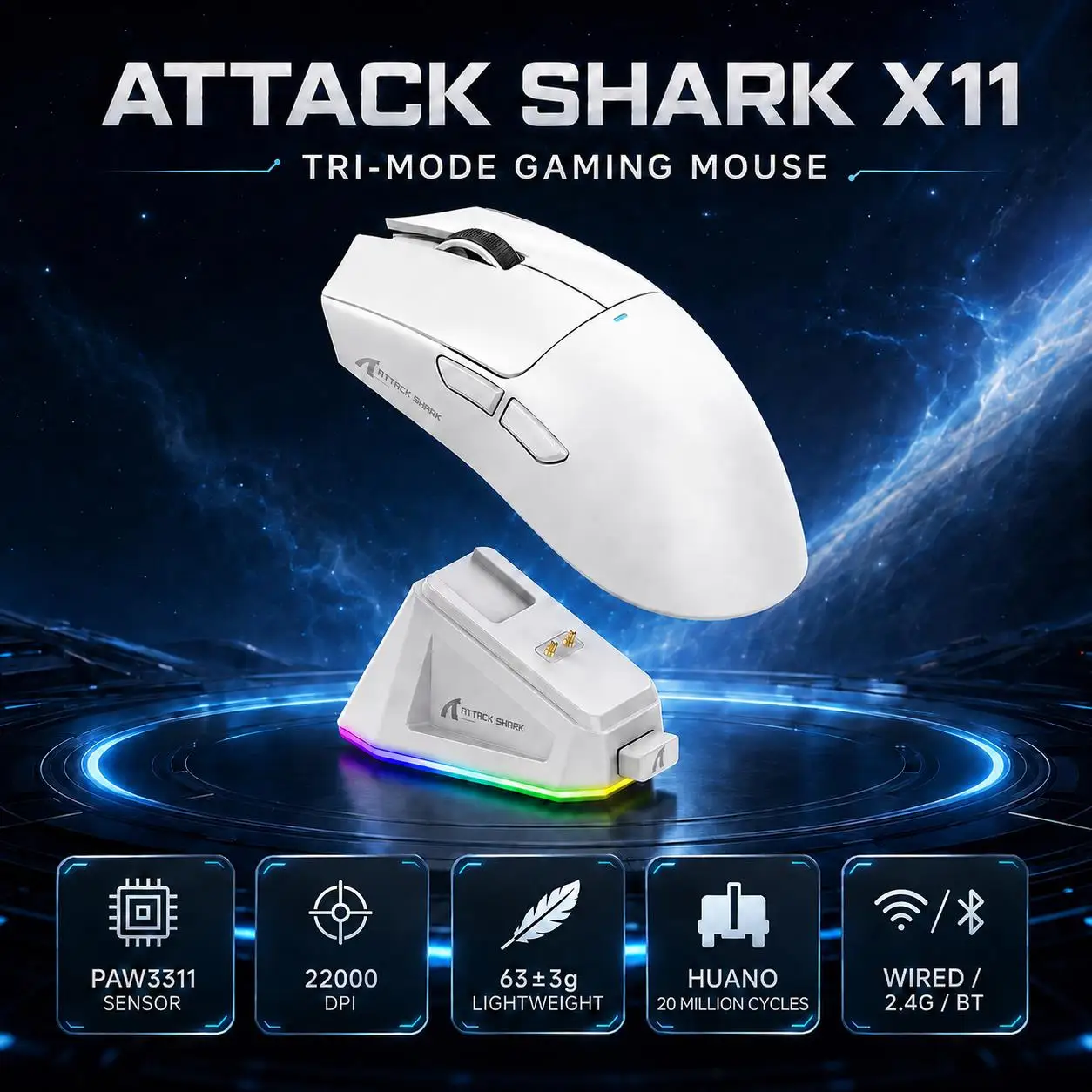 Mouse Gamer Sem Fio ATTACK SHARK X11, Sensor PAW3311, 22000 DPI, 59±3g