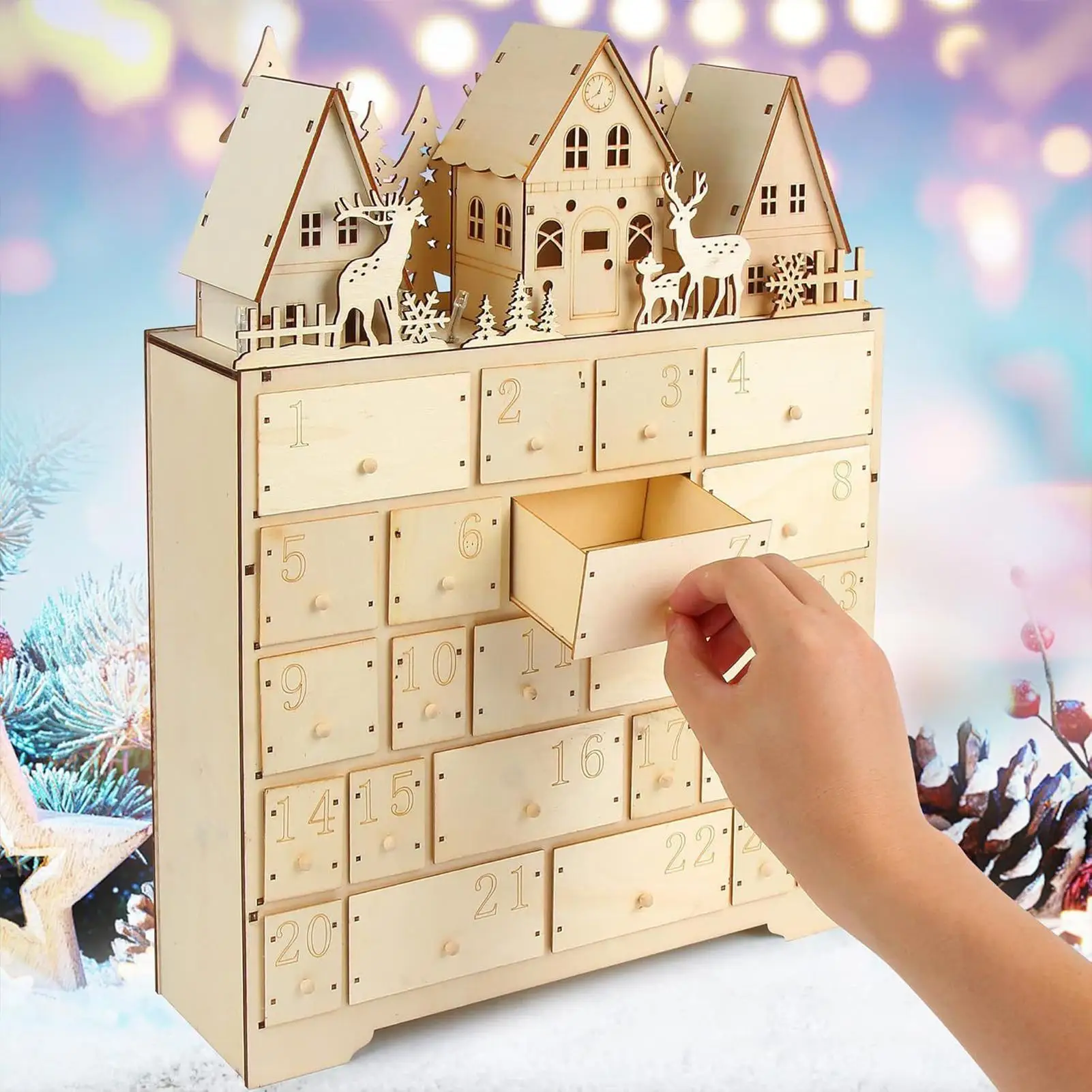 

Креативные деревянные рождественские украшения, подарки-сюрпризы, светодиодные фонари, излучающий свет, 24-дневный календарь обратного отсчета, орнамент для фестиваля Адвента