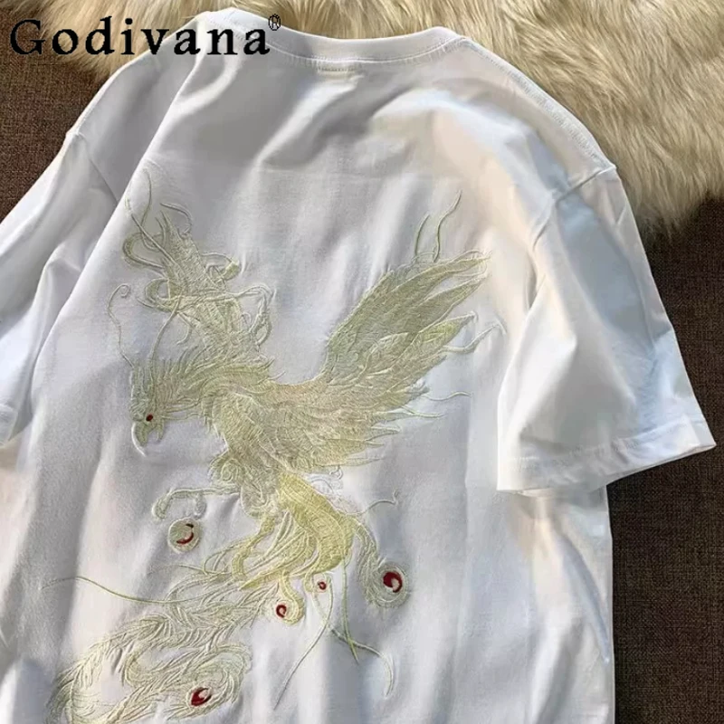 

Large Size 150kg Heavy Industry Embroidery Short Sleeve Handsome LeisureT-shirt Men Women Summer Chinese Loose Round Neck Tops